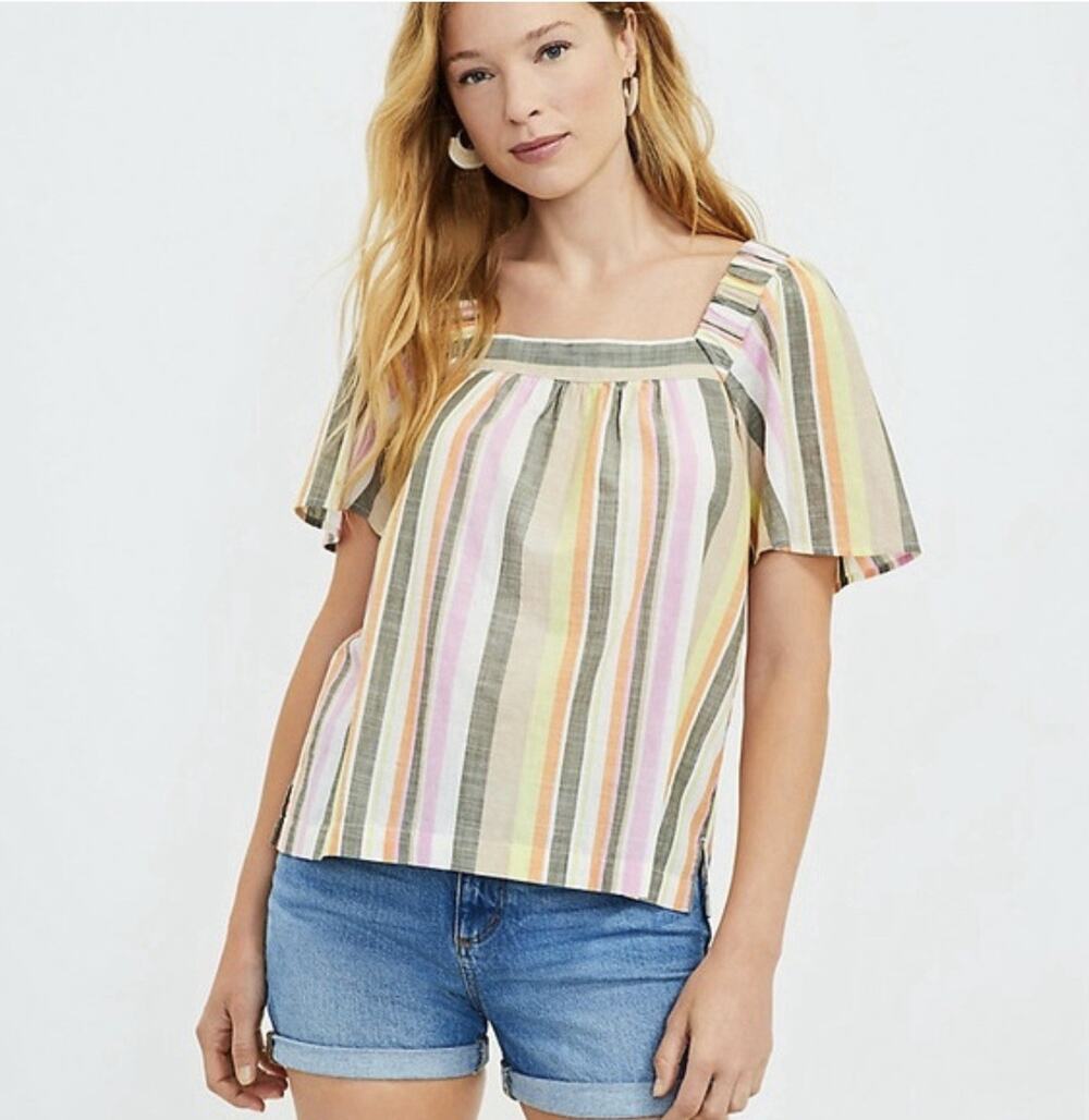 Loft Petite Stripe Short Flutter Sleeve Square Neck Top MP NWT